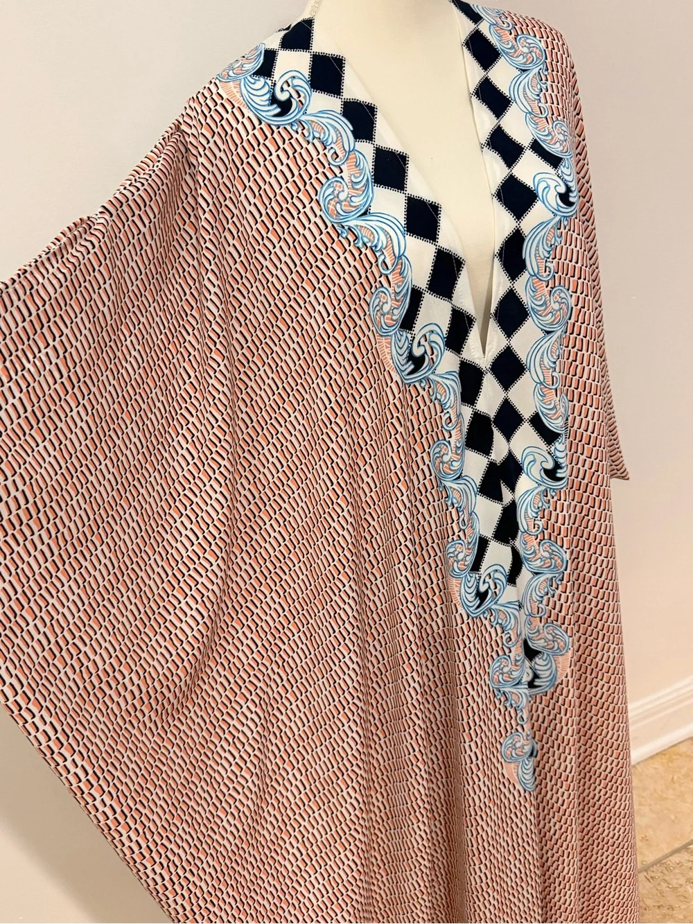 Maxi Dress Caftan with Blue Scroll Trim - Pink/Brown Pattern - Picture 2 of 6